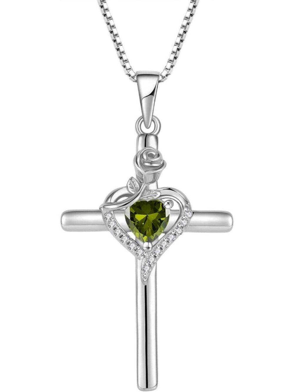 Women’s Peridot Green 925 Sterling Silver Cross Rose Flower Birthstone Necklaces